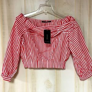 NWT Zara Basic Red White Stripe Off The Shoulder Cropped Top Sz XS